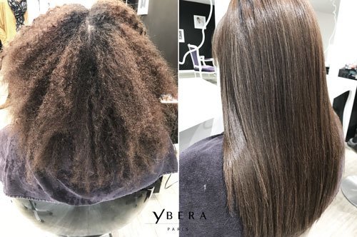 Avant-après lissage brésilien Discovery Ybera sur cheveux Afro